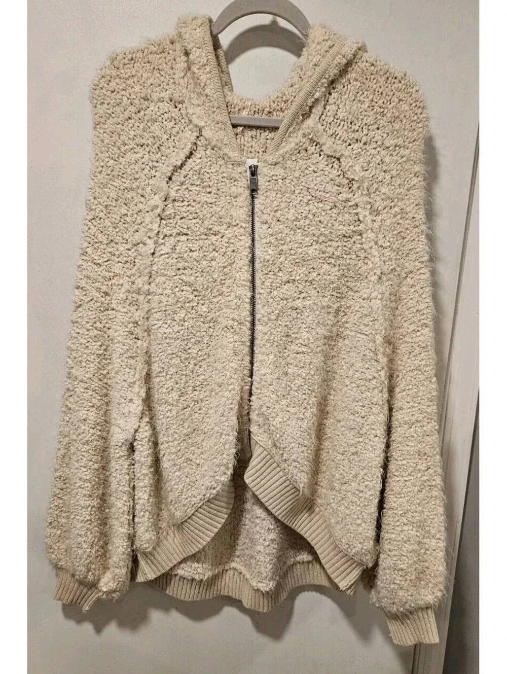 Free People Medium Ivory Furry Time Boucle Hooded Jacket Sweater Soft Beige